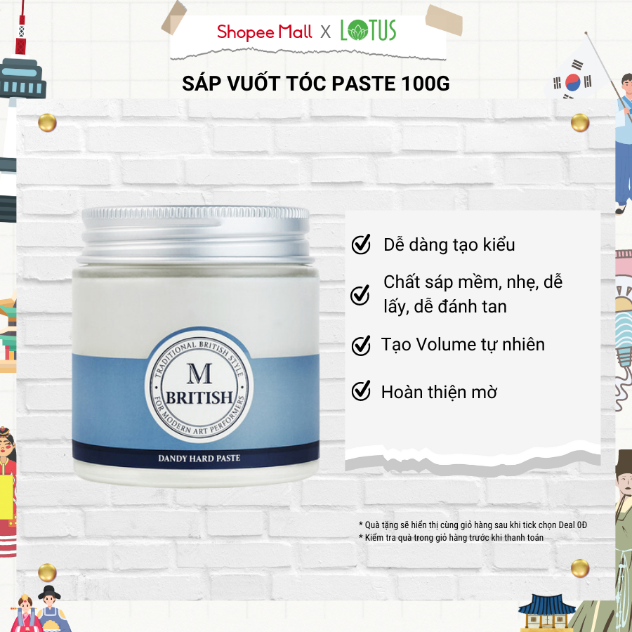 Sáp vuốt tóc tạo kiểu, tạo độ phồng nhẹ cao cấp dành cho nam nữ hàn quốc BRITISH M Dandy Hard Paste 100g