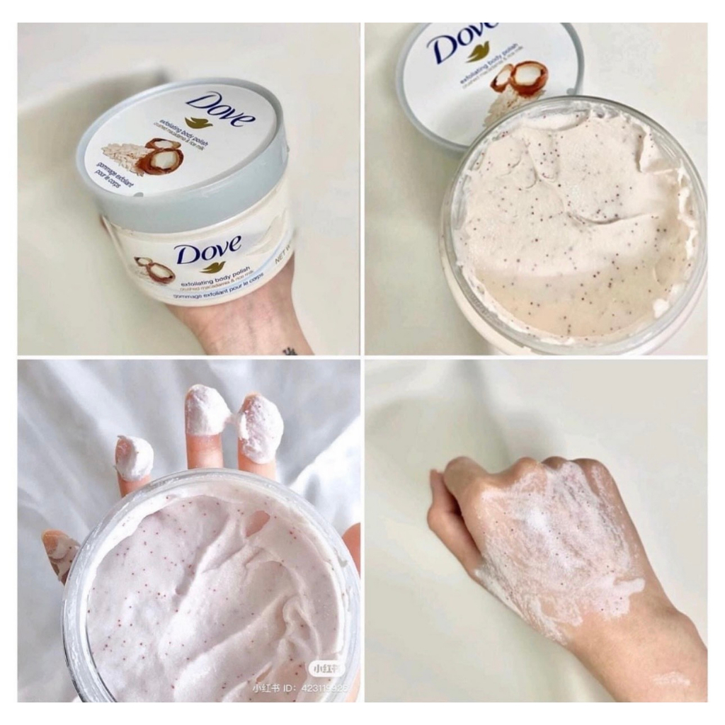 Tẩy Da Chết Toàn Thân DOVE Exfoliating Body Polish Chiết Xuất Macca, Bơ Mỡ Và Hạt Lưu