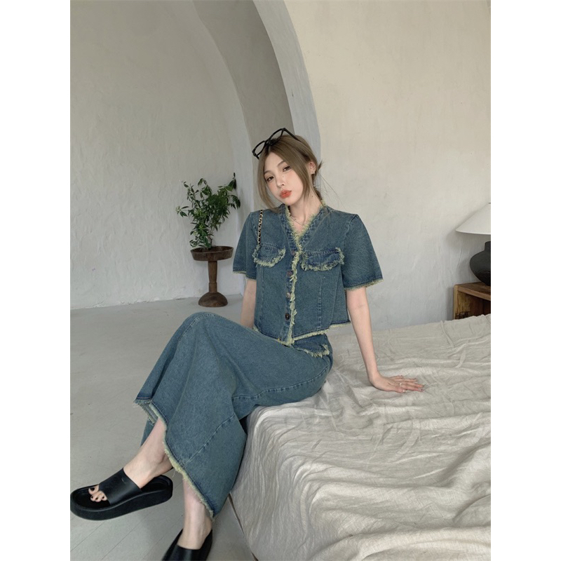 Set áo ctop top bò váy bò denim jeans dáng dài cổ tim siu xinh tôn da dáng ulzzang lịch sự