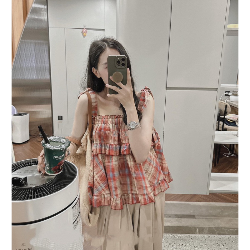 Áo hai dây buộc nơ vai kẻ caro đỏ bèo tầng phong cách vintage tiểu thư xinh xắn đi biển