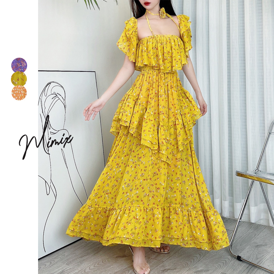 Đầm maxi hoa trễ vai bèo tầng tặng kèm hoa MIMIX DA6250