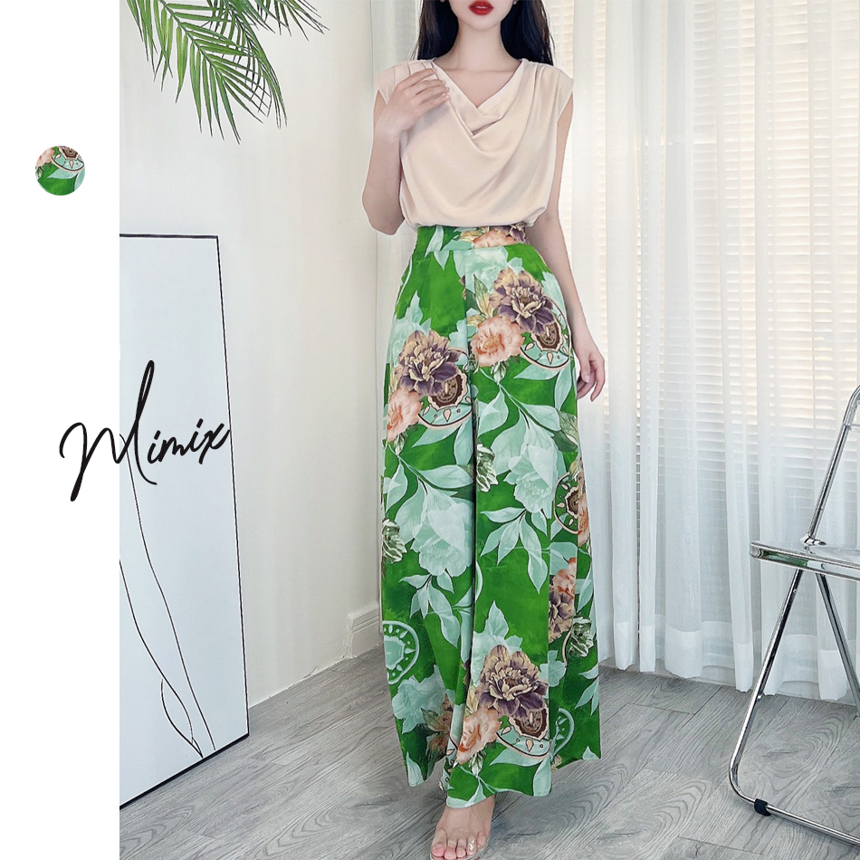 Set bộ nữ quần suôn ống rộng dài kèm áo cổ đổ thời trang MIMIX CL5210