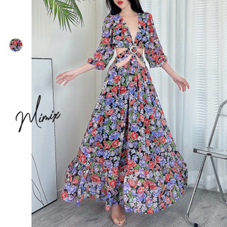 Đầm maxi nữ hoa cổ V tay dài khoen eo MIMIX CQ9245