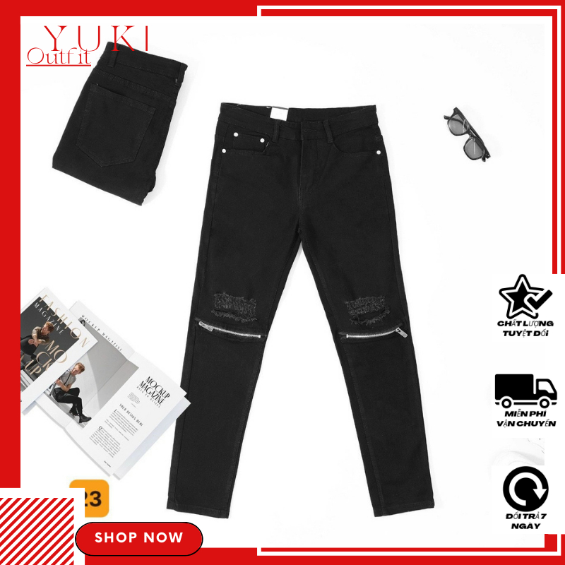 Quần jeans dài nam cao cấp chất denim màu đen dày dặn in chữ kèm phụ kiện khóa phá cách YUKI OUTFIT 323