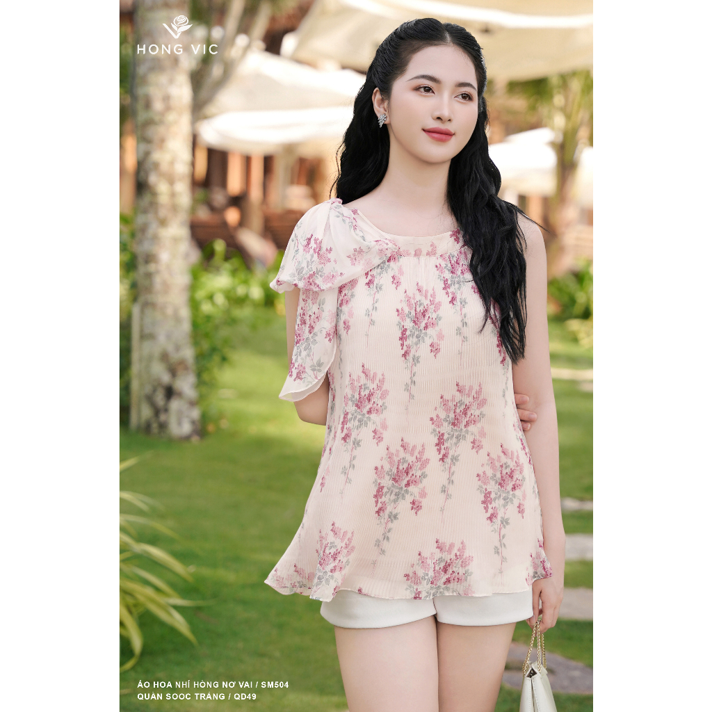 Áo nữ thiết kế Hong Vic họa tiết hoa nhí hồng nơ vai SM504