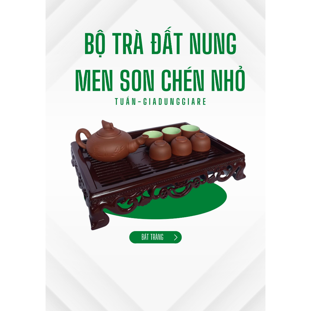 BỘ ẤM CHÉN ĐẤT NUNG MEN SON, CHÉN NHỎ LÒNG XANH, HÀNG CHÍNH HÃNG BÁT TRÀNG