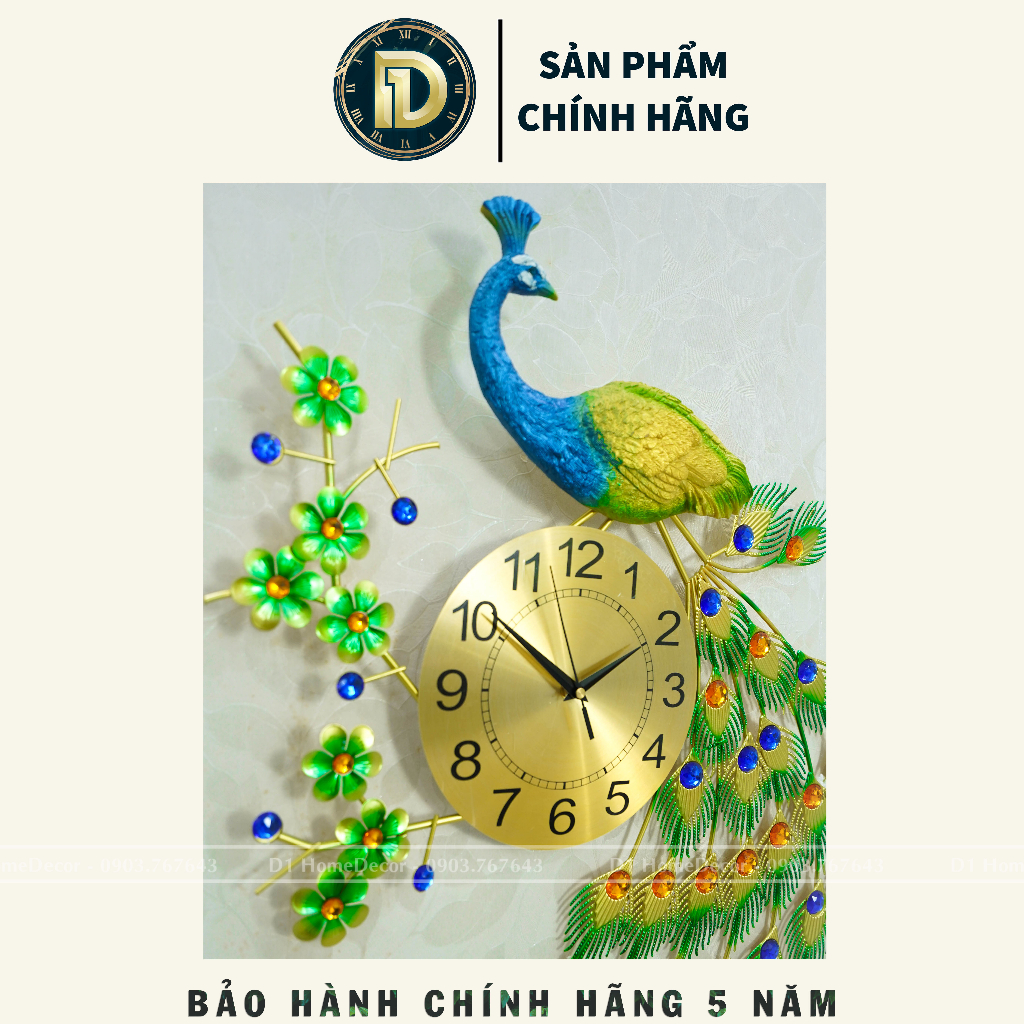 Đồng Hồ Treo Tường Con Chim Công Tài Lộc Chính Hãng D1 Home Kim Trôi Trang Trí Tường Decor - CR