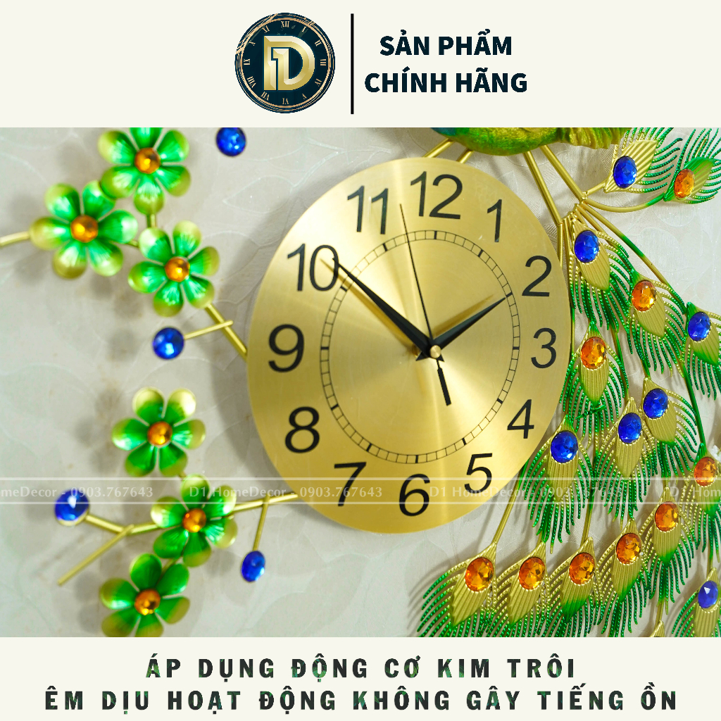 Đồng Hồ Treo Tường Con Chim Công Tài Lộc Chính Hãng D1 Home Kim Trôi Trang Trí Tường Decor - CR