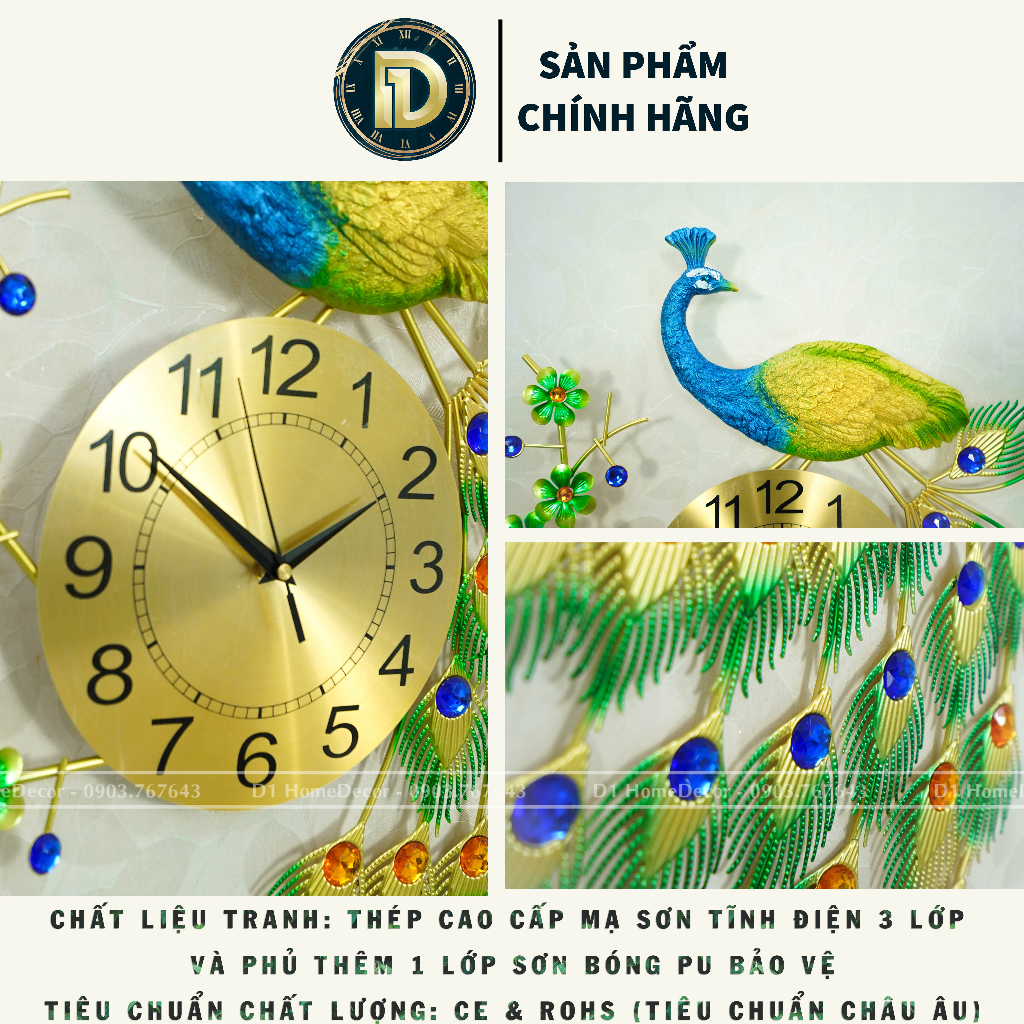 Đồng Hồ Treo Tường Con Chim Công Tài Lộc Chính Hãng D1 Home Kim Trôi Trang Trí Tường Decor - CR