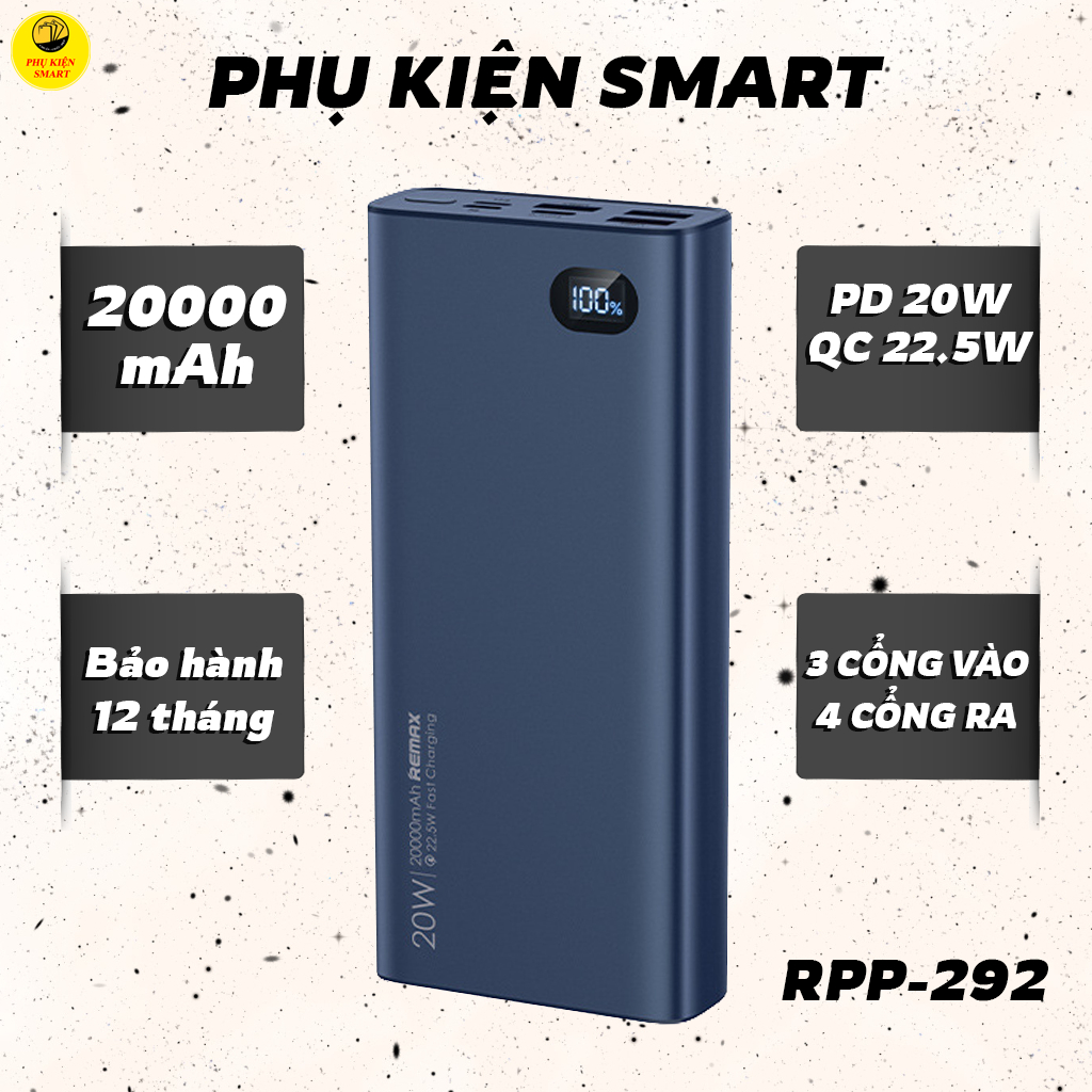 Sạc Dự Phòng 20000mAh, Pin Dự Phòng RPP-292 Sạc Nhanh PD 22.5W Nhiều Thiết Bị - Bảo Hành 12 Tháng.