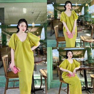 Đầm maxi đũi hai lớp cổ tim, váy maxi đi biển dáng xuông chất đũi tơ siêu mát