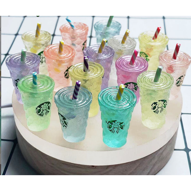 Mô hình ly nước starbuck có ống hút dạ quang nhiều màu phát sáng trang trí nhà búp bê, DIY