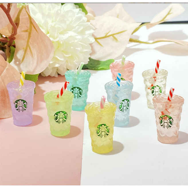 Mô hình ly nước starbuck có ống hút dạ quang nhiều màu phát sáng trang trí nhà búp bê, DIY
