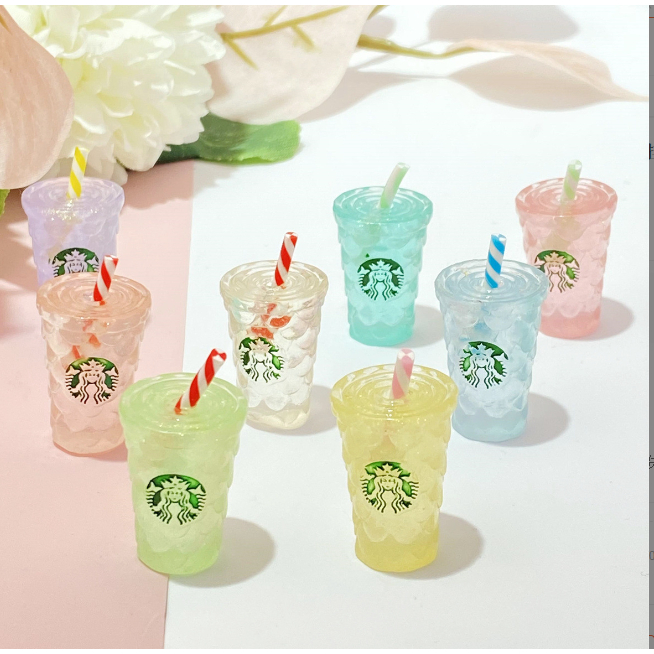 Mô hình ly nước starbuck có ống hút dạ quang nhiều màu phát sáng trang trí nhà búp bê, DIY