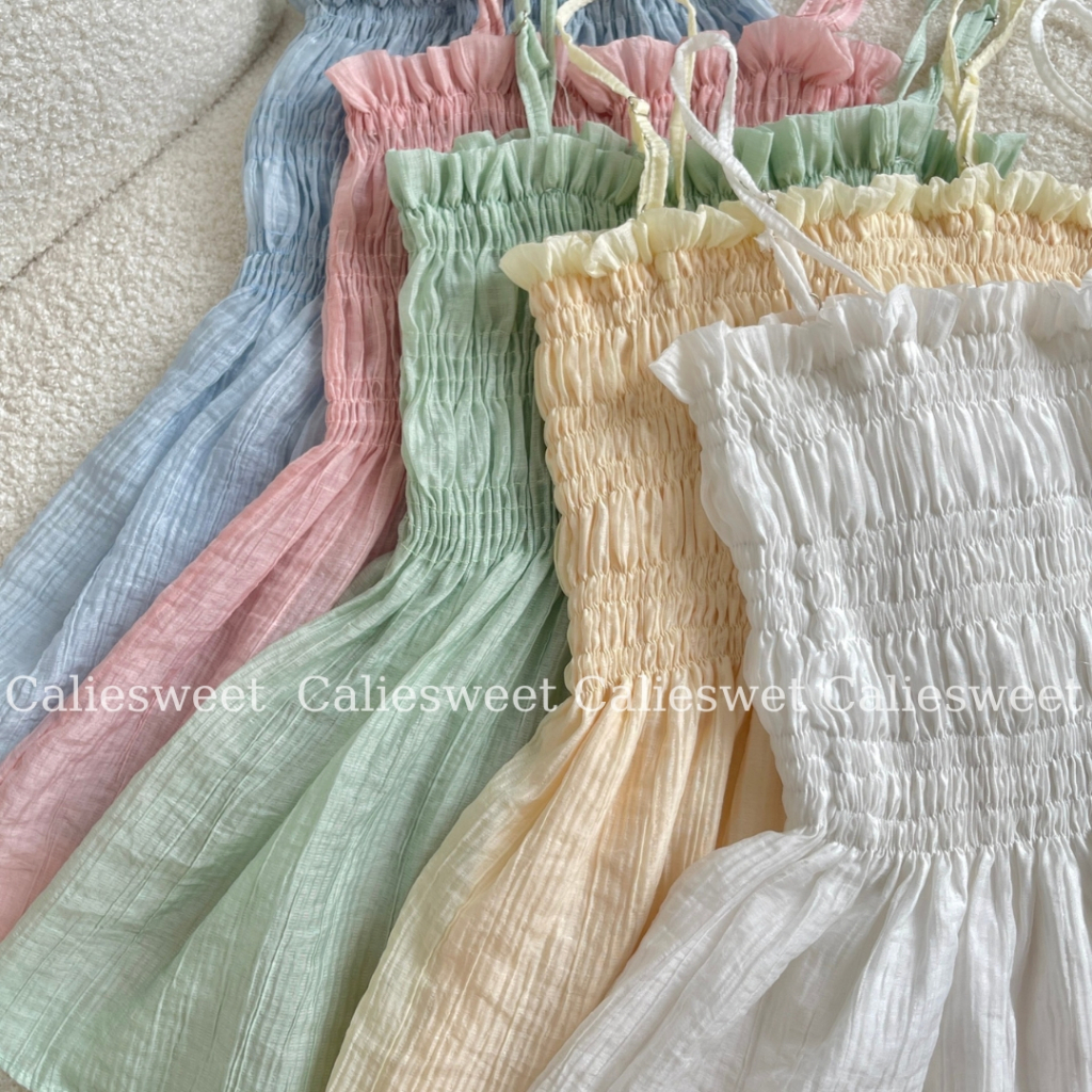 Áo 2 dây bo chun ngực Caliesweet áo 2 dây chất tơ đũi dáng xòe phong cách vintage