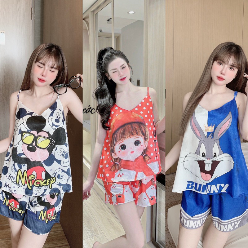 Đồ bộ hai dây dễ thương, set mặc nhà in 5D chất liệu LỤA XƯỚC, free size từ 40-60kg