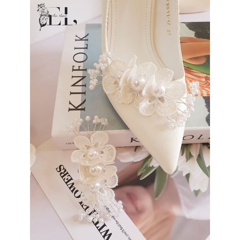 Phụ kiện trang trí giày cưới cô dâu,phụ kiện kẹp gắn trang trí giày cao gót, bộ hoa mai ngọc có kẹp tháo lắp