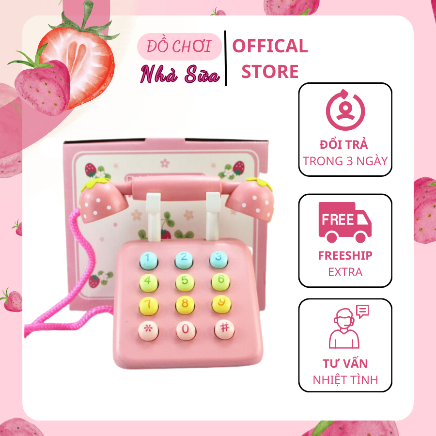 Điện thoại đồ chơi bằng gỗ họa tiết màu hồng đáng yêu cho bé