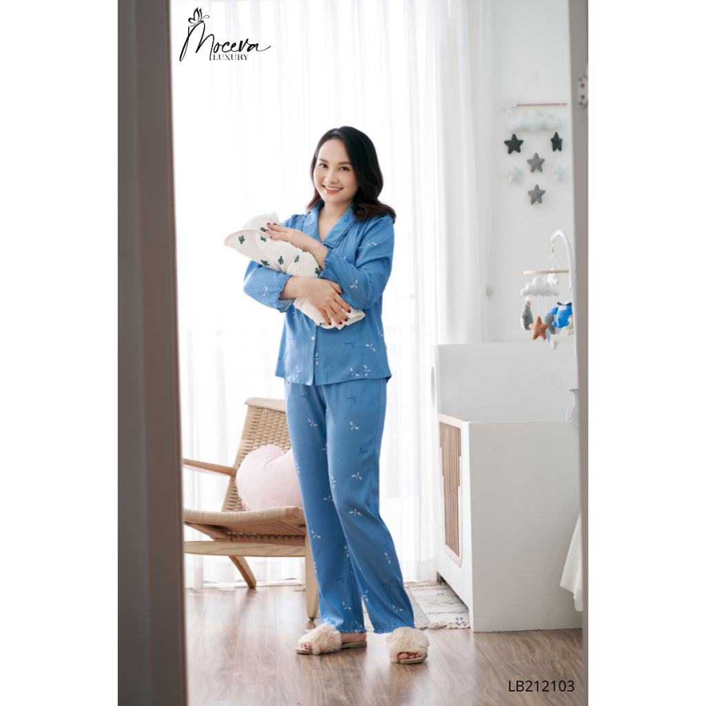 Bộ mặc nhà sau sinh Lụa satin cao cấp cổ bèo khóa 2 bên cho mẹ thỏa mái mỗi ngày Mộc Eva - LB212103