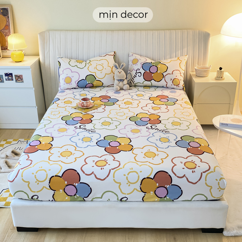 Bộ ga gối cotton 100%, ga giường vỏ gối cotton living dễ thương bé gái Mịn Decor thoáng mát bo chun