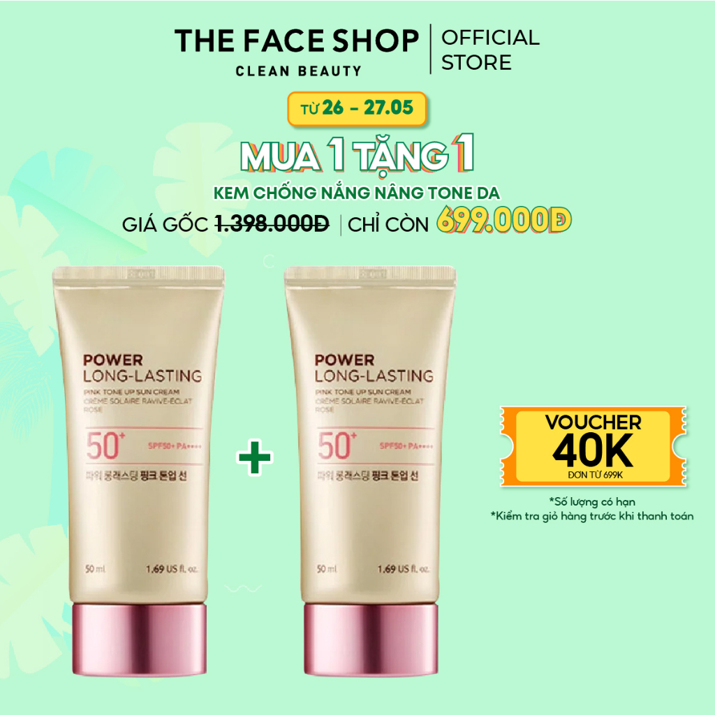 Combo 2 Kem Chống Nắng Thefaceshop Power Long Lasting Pink Tone Up Sun Cream Spf50++ 50Mlx2