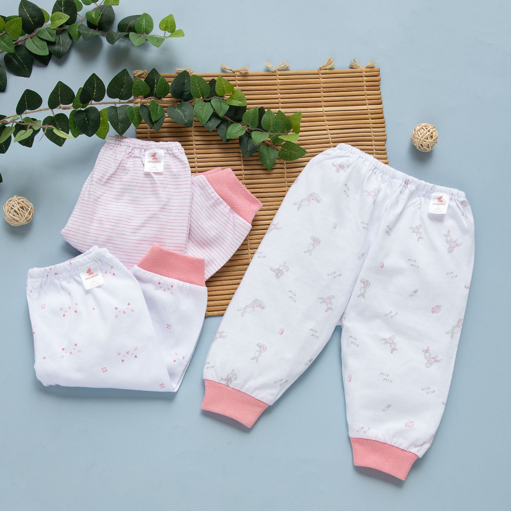 Combo 3 Quần Dài Sơ Sinh MIOMIO Cho Bé Trai, Bé Gái (Từ 0 - 24 Tháng), Vải Cotton, Họa tiết Thỏ, Sọc Mèo