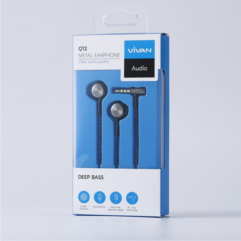 Tai Nghe Nhét Tai Chính Hãng Dây Dù VIVAN Q12 Cổng Kết Nối Chữ L 3.5mm Tích Hợp Micro Đàm Thoại - Bảo hành 12 tháng