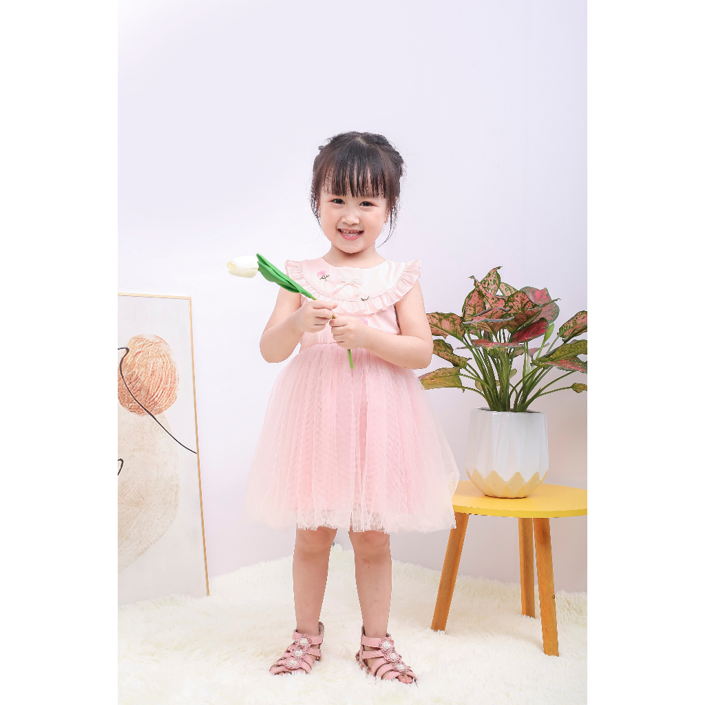 Váy công chúa bé gái phối bèo cổ tròn, Đầm bé gái trẻ em tiểu thư vải voan mềm mại đi chơi đi học cho bé - Bee&Bull