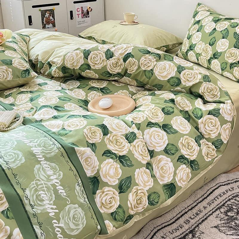 Set chăn ga gối cotton poly Emmibedding Store mẫu hoa hồng xanh siêu hot( chưa kèm ruột