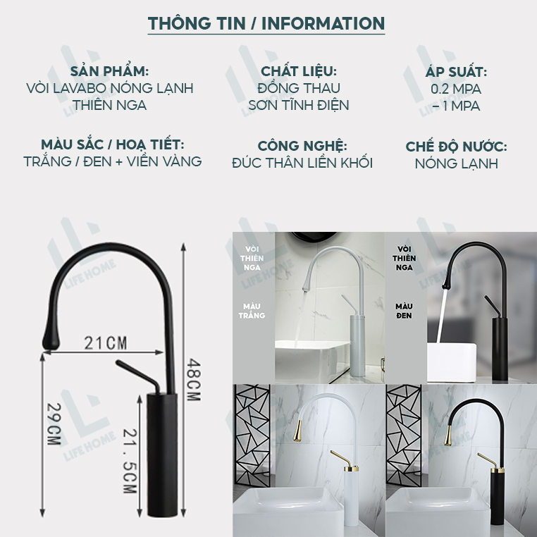 Vòi nước rửa tay Lavabo nóng lạnh Thiên Nga Đen thiết kế hiện đại cao cấp Life Home