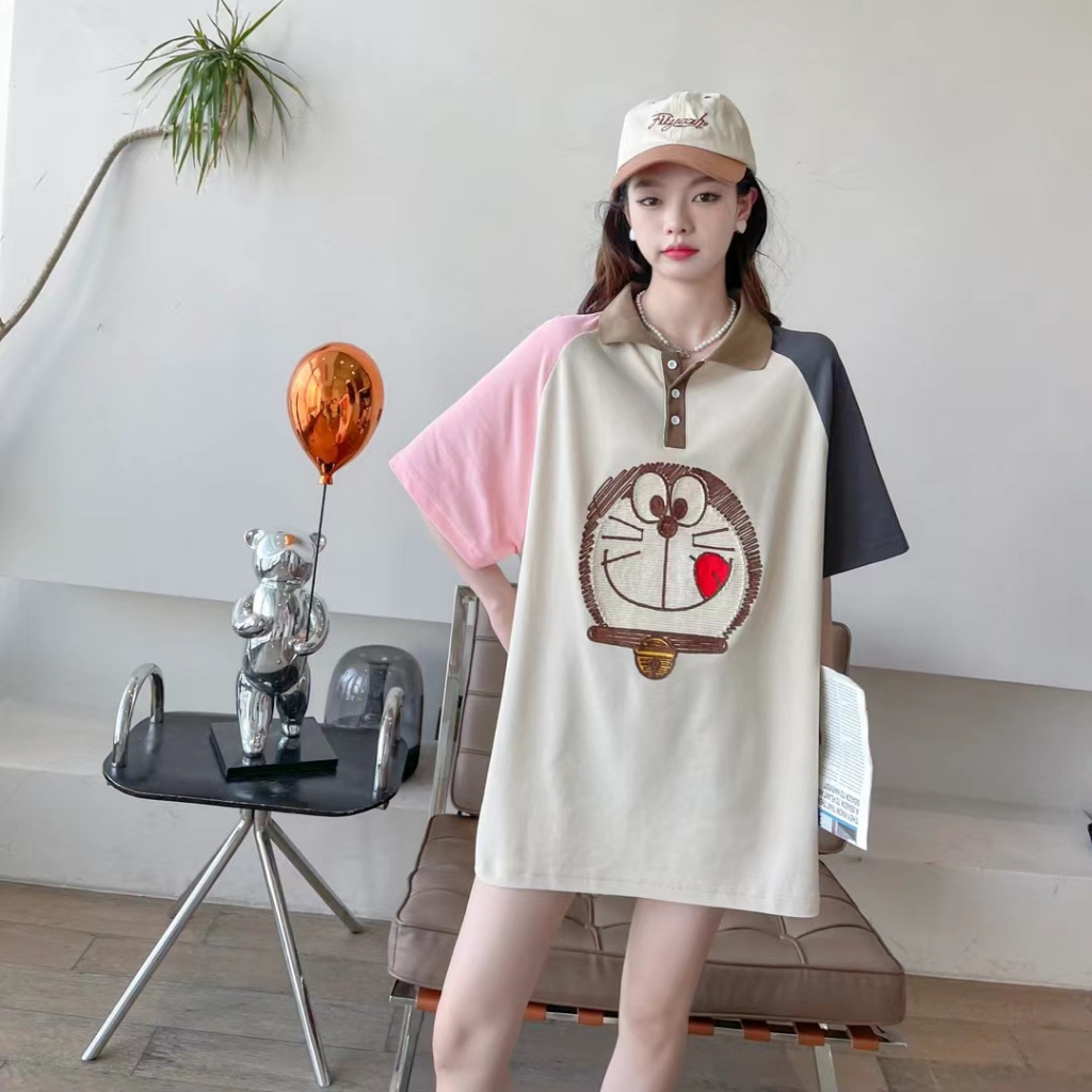 Áo Thun Cotton Thêu Hình Doremon Pha Màu Cổ Sơmi Dễ Thương Đáng Yêu Áo Phông Vải Mát Thấm Hút Mồ Hôi Ngắn Tay Dáng Rộng