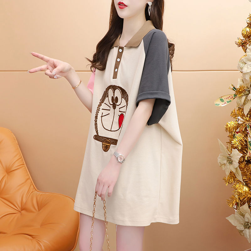 Áo Thun Cotton Thêu Hình Doremon Pha Màu Cổ Sơmi Dễ Thương Đáng Yêu Áo Phông Vải Mát Thấm Hút Mồ Hôi Ngắn Tay Dáng Rộng