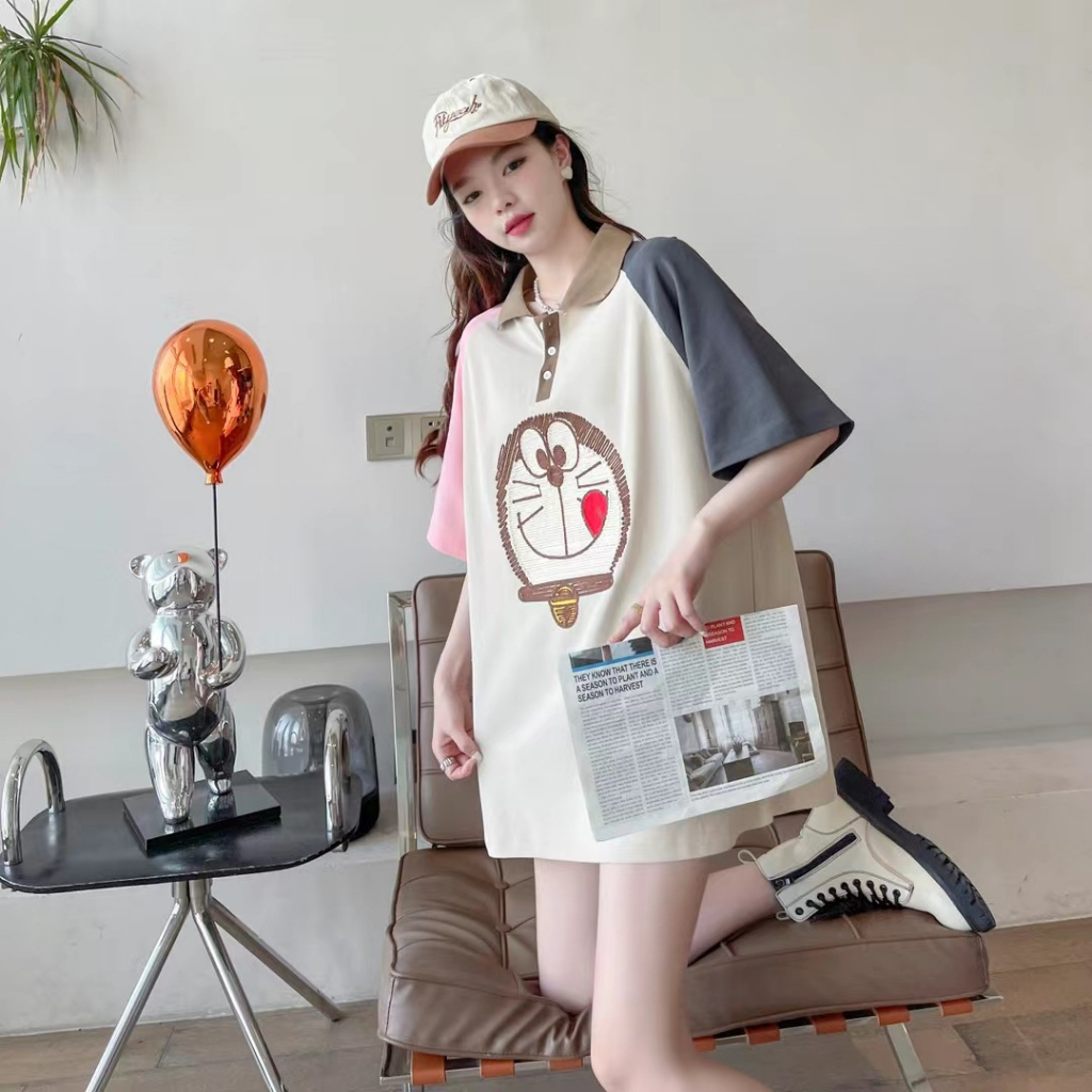 Áo Thun Cotton Thêu Hình Doremon Pha Màu Cổ Sơmi Dễ Thương Đáng Yêu Áo Phông Vải Mát Thấm Hút Mồ Hôi Ngắn Tay Dáng Rộng
