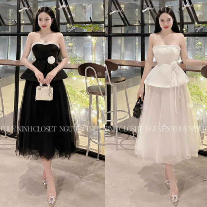 Set đầm váy nữ áo cúp ngực viền mix bông phối chân váy lưới xòe dài sang chảnh dành cho các nàng đi tiệc,hẹn hò xinh xan