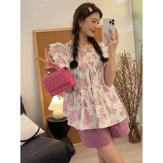Áo sơ mi trắng hoa hồng cổ tày bồng vai viền lượn