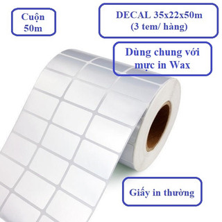 Decal in tem mã vạch 3 tem 35x22mm (Cuộn 50m - 3 tem ngang/ hàng), Giấy in tem mã vạch 35x22mmx 50m
