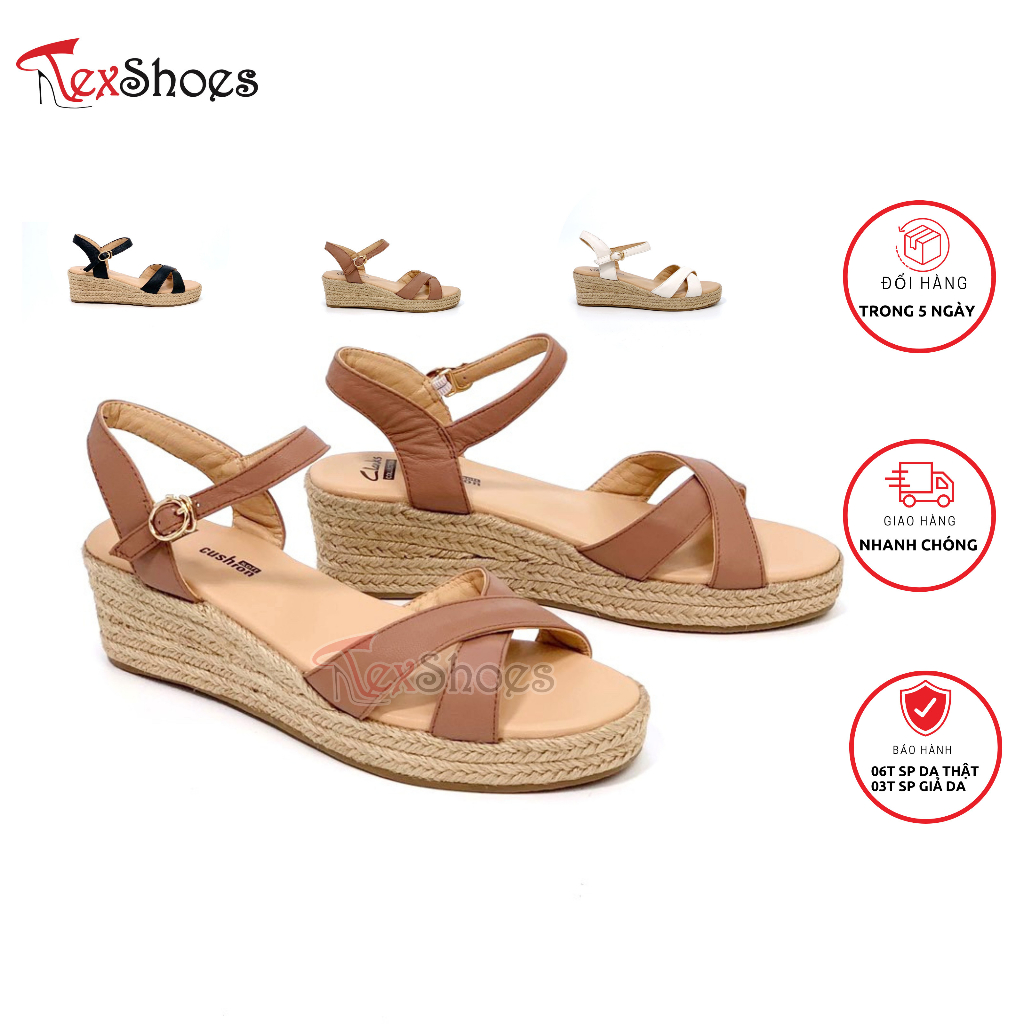 Dép sandal nữ quai chéo da thật đế xuồng cói cực xinh VNXK TEX SHOES