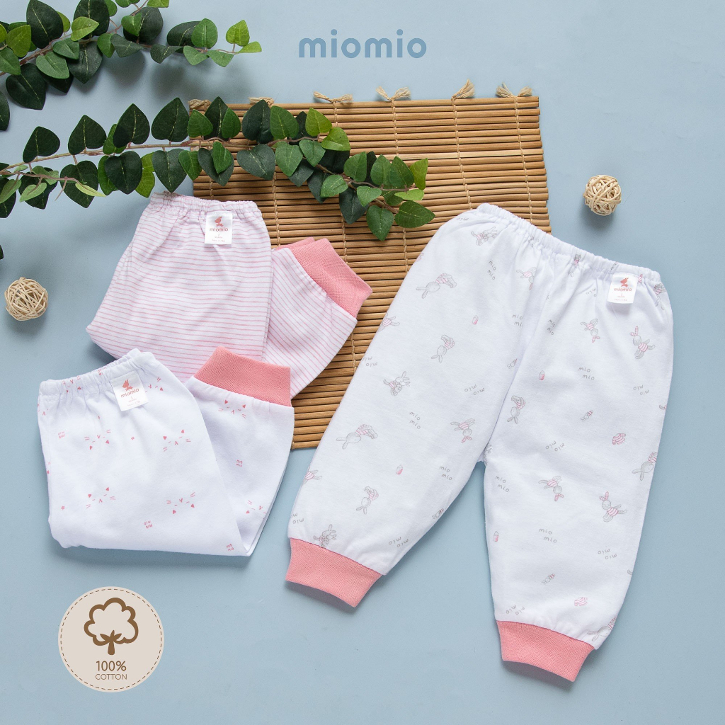 Combo 3 Quần Dài Sơ Sinh MIOMIO, Họa Tiết Thỏ, Sọc, Mèo Cho Bé Trai, Bé Gái (Từ 0 - 24 Tháng), Vải Cotton