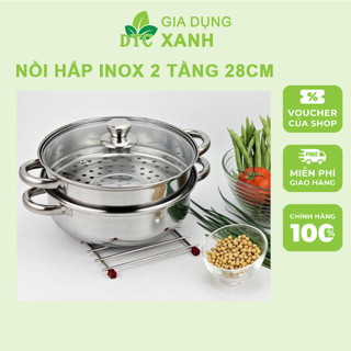 Nồi hấp 2 tầng, xửng hấp cách thủy inox 28cm đa năng cao cấp có nắp kính, hấp cách thủy bánh bao, xôi,cá,cơm,gà,bánh