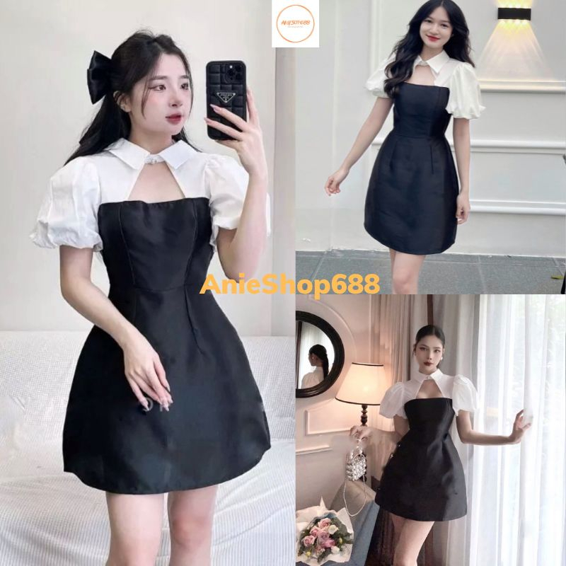 Váy Tafta Hở Ngực Cổ Sơ Mi Có Đệm Ngực ,Đầm Chữ A Dáng Xoè Phối Mầu Đen Trắng Phong Cách Hlzzang Hàn Quốc ANIESHOP688