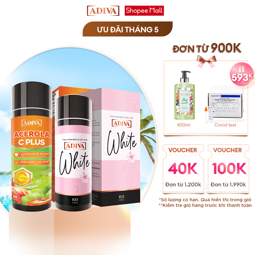 Combo 1 Hộp Viên Uống Trắng Da ADIVA White 60 Viên + 1 Hộp Viên Uống Bổ Sung Vitamin C ADIVA Acerola C Plus 60 Viên