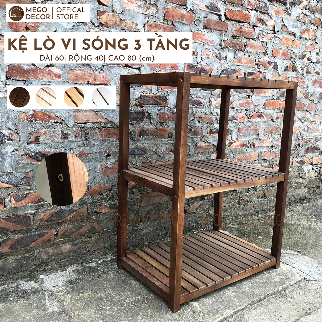 Kệ lò vi sóng 3 tầng giá bếp gỗ sồi cao cấp decor nhà tự lắp ráp