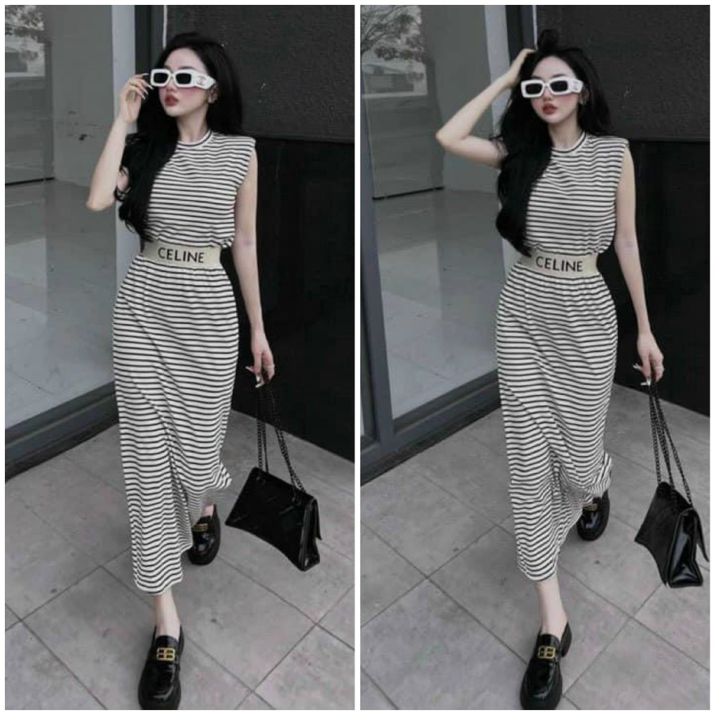 Set đầm váy nữ áo cộc tay cổ tròn mix chân váy suông dài viền đai lưng sang chảnh dành cho các nàng đi chơi, hẹn hò xinh