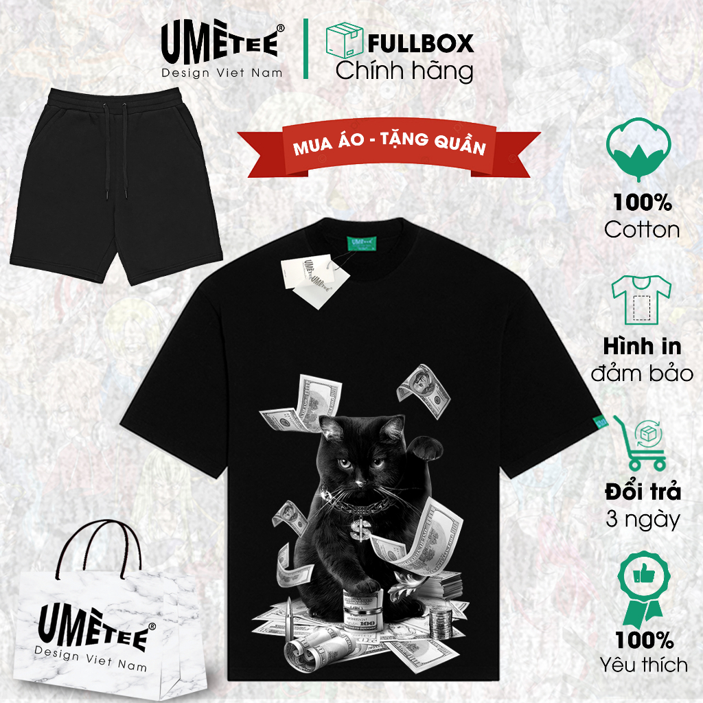 Áo thun basic tay lỡ unisex in hình Mèo Thần Tài |Full set áo quần