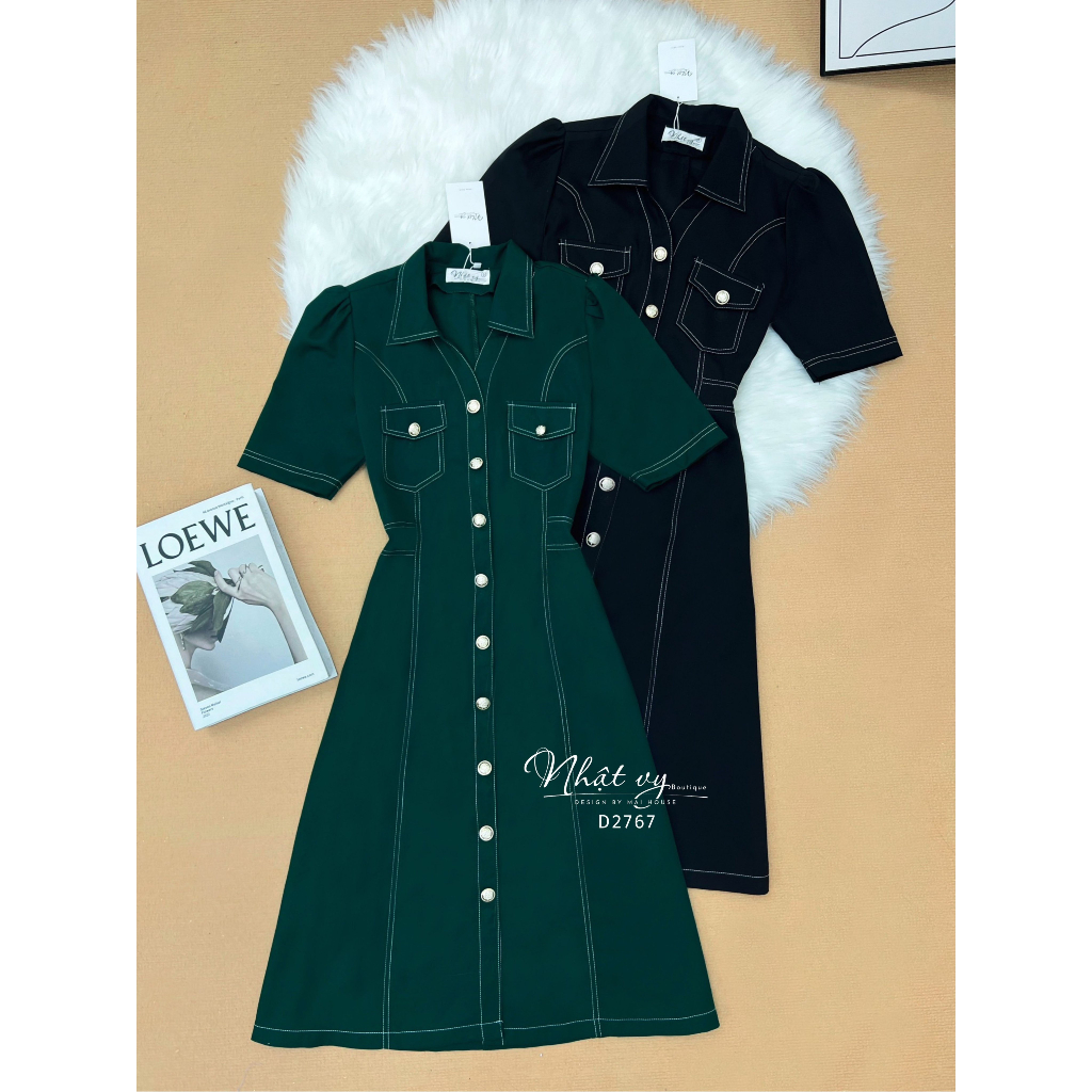 Đầm sơ mi bigsize công sở Nhật Vy viền chỉ có túi tay ngắn chiết eo dáng xoè chất lụa phù hợp dự tiệc dạo phố - D2767