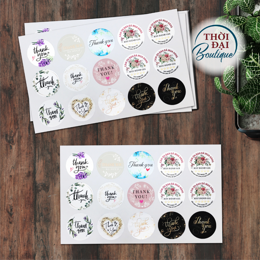 Combo 30 Sticker Thank you tròn 5cm  như hình), nền giấy xi bạc, combo gồm nhiều mẫu như hình