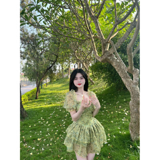 Váy đi chơi tơ hoa xanh cúp ngực xoè bồng công chúa, đầm thiết kế đi chơi đi tiệc cực xinh