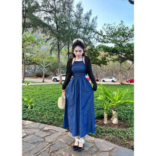  BIGSIZE HIẾU HIẾU   Đầm yếm jeans nhún kèm khoác lưới 55-100kg   