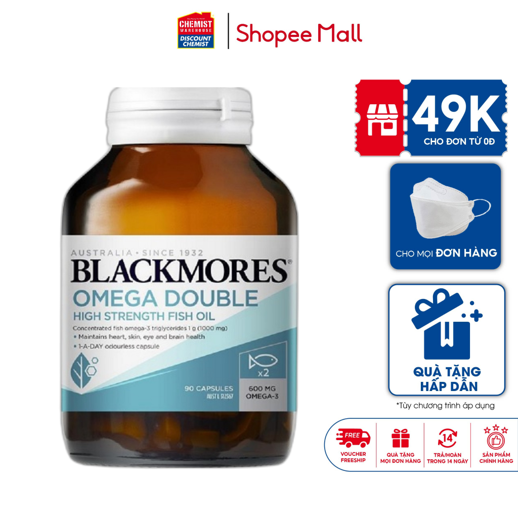 Dầu cá gấp đôi hàm lượng Omega Double High Strength Fish Oil 90v tốt cho mắt, tim mạch, trí não