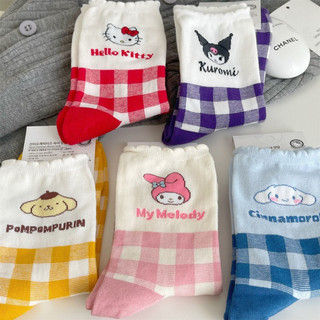 Tất vớ chân cao cổ hoạ tiết caro hoạt hình Sanrio Melody Cinnamoroll Pompurin Kitty Kuromi